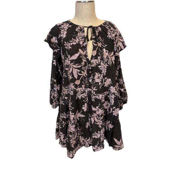 Free People Floral Mini Dress XS Black Pink Boho Peasant Tunic Long Sleeve - Picture 2 of 12